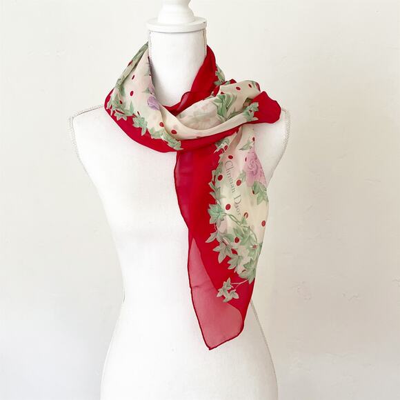 DIOR Silk Floral Print Scarf with Red Border Sheer - Picture 7 of 8